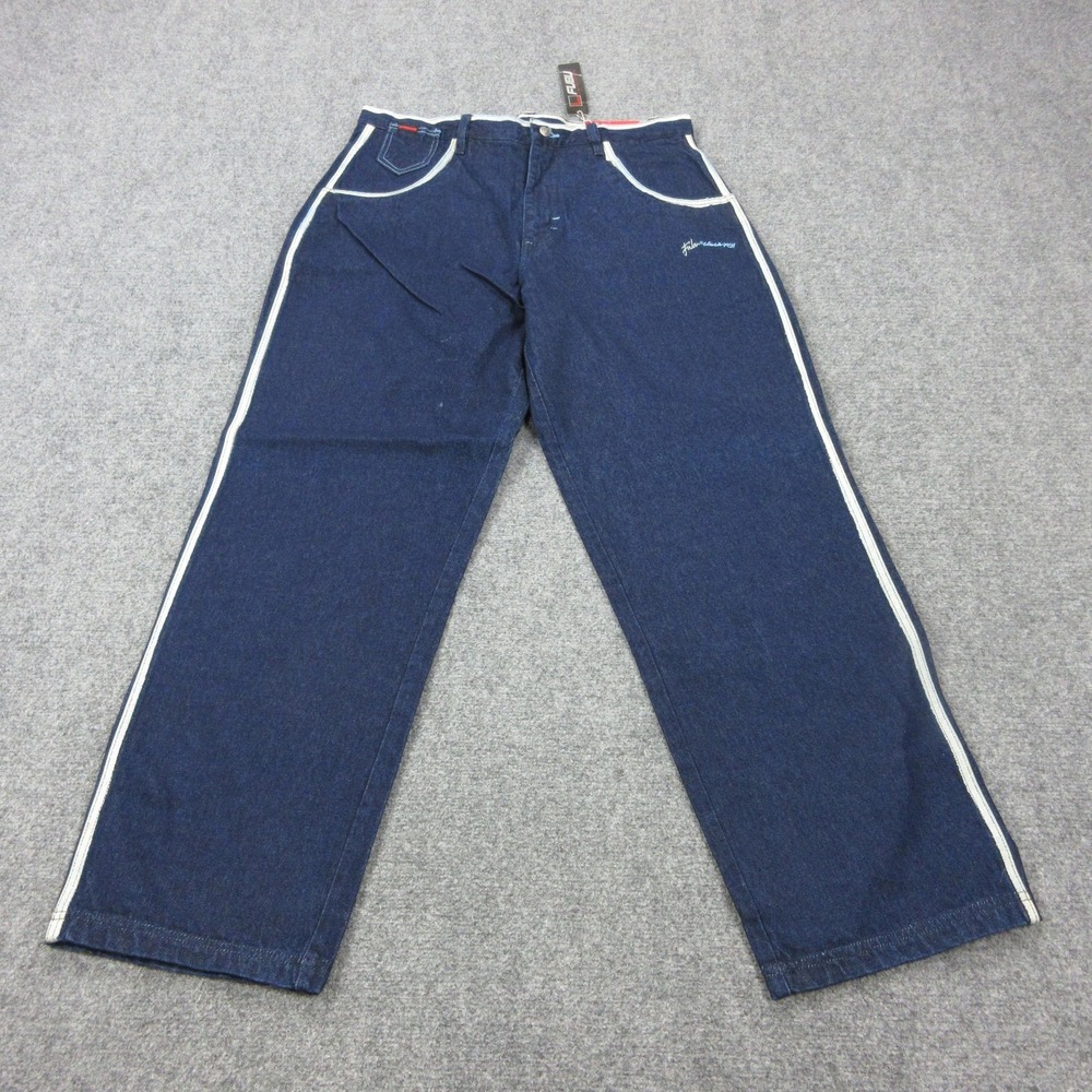 Vintage FUBU The Collection Jeans Mens 38x34 Dark Wash Blue Side Stripe Denim